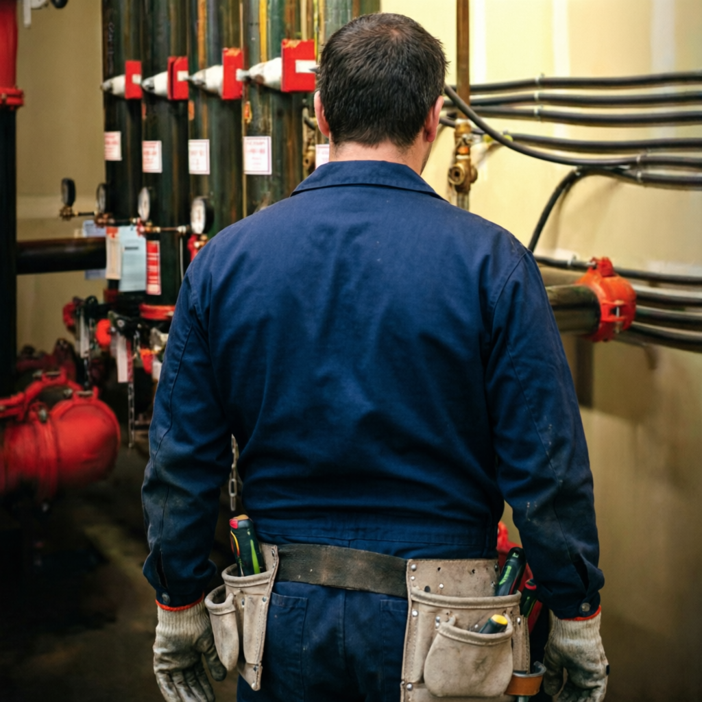 Fire sprinkler repair technician working on a riser in Phoenix, AZ.